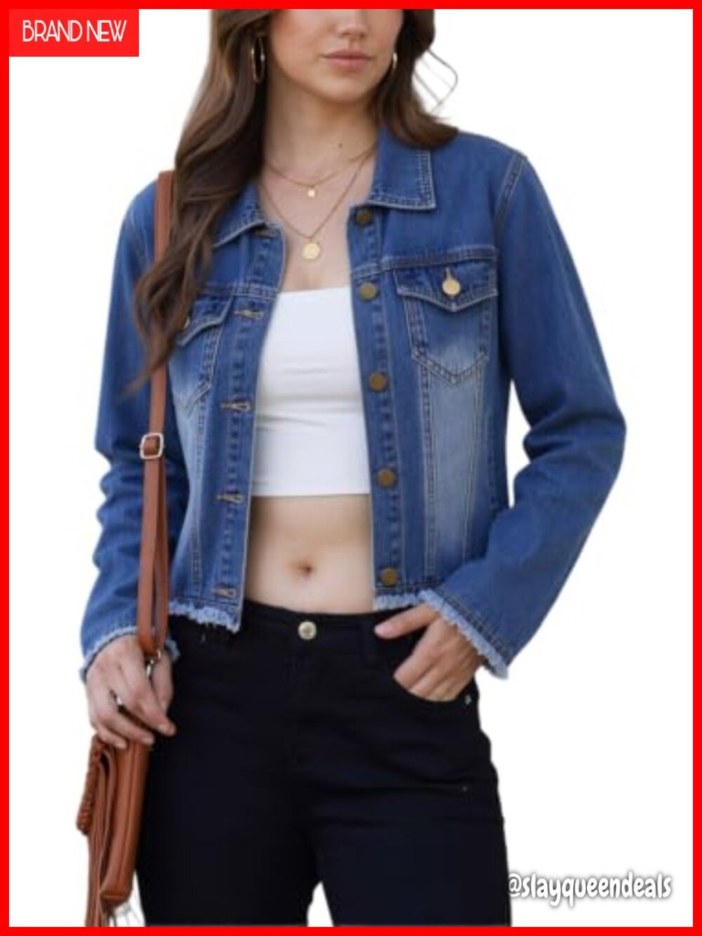 Frayed Washed Cropped Denim Jacket Button Up 2 Side Pockets Relax Fit